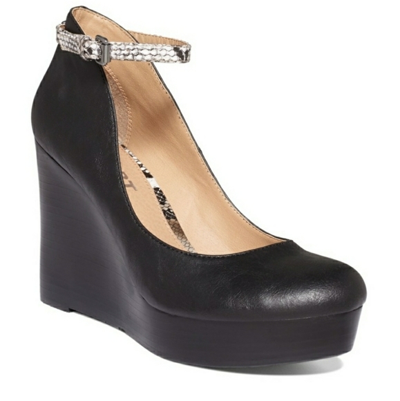 REPORT BLACK LEATHER PLATFORM WEDGES - Picture 1 of 7